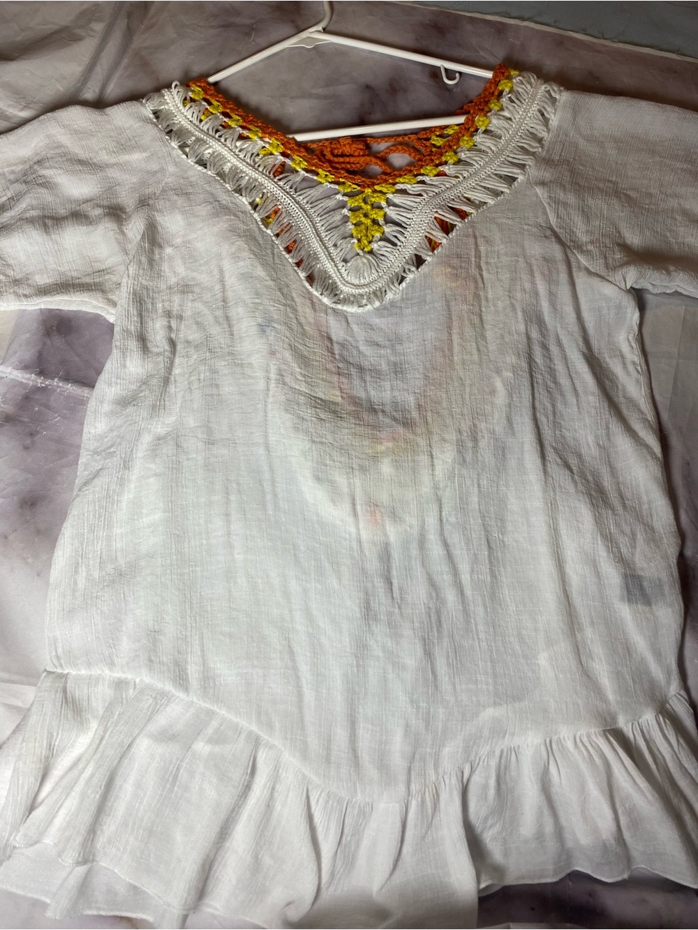 SHEIN Cream Crochet-Trim Mini Dress with Orange & Yellow Accents - Picture 11 of 15